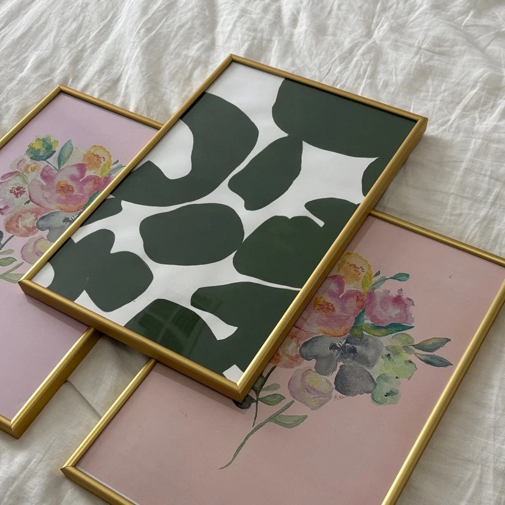 Set of 3 Floral & Green Abstract Gold Frames 11 x 17